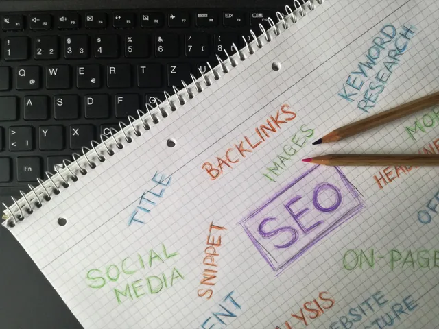 Close-up of notebook with SEO terms and keywords, highlighting digital marketing strategy. What a keyword research measurement plan means for UK content teams